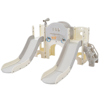 8 in 1 Kinderrutsche Kletterspielzeug, Multifunktionsrutsche mit 2 Rutschen, freistehende Rutsche, Klettern, Bohrspiel, Stauraum, Spielkorridor, Basketballkorb, Lasso-Spiel, Teleskop. Hergestellt aus