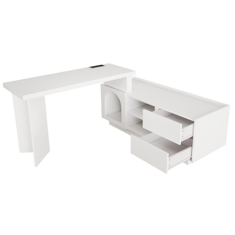 Eckschreibtisch mit integriertem Tierhaus, L-förmig oder einteilig, flexible Montage, Eckschreibtisch für Home Office mit XL-Tierhöhle, White