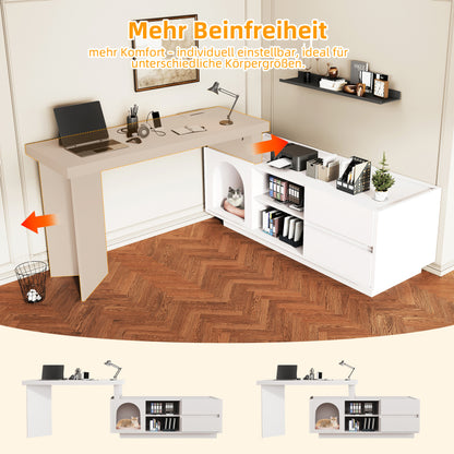 Eckschreibtisch mit integriertem Tierhaus, L-förmig oder einteilig, flexible Montage, Eckschreibtisch für Home Office mit XL-Tierhöhle, White