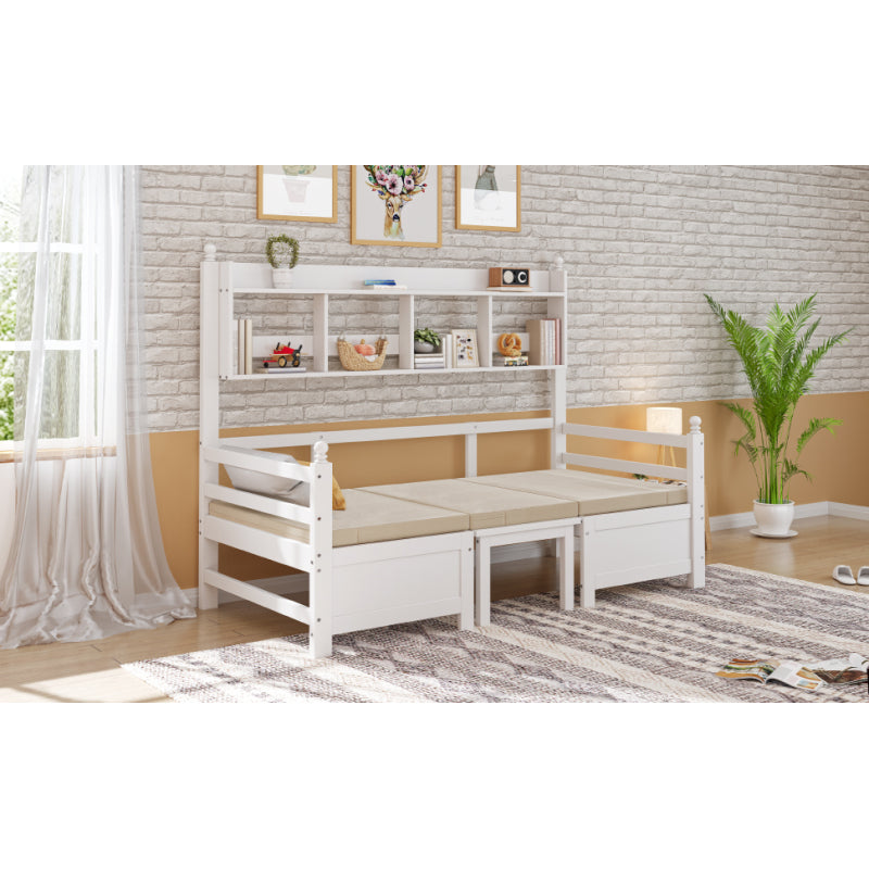 Multifunktionales Massivholz Schlafsofa 200x90 cm, 2-in-1 Bett und Schreibtisch, Frei Umbaubar, Mit Bücherregal Zur Aufbewahrung, Mit Bequemen Kissen, Gästebett Einzelholzbett, Weiß
