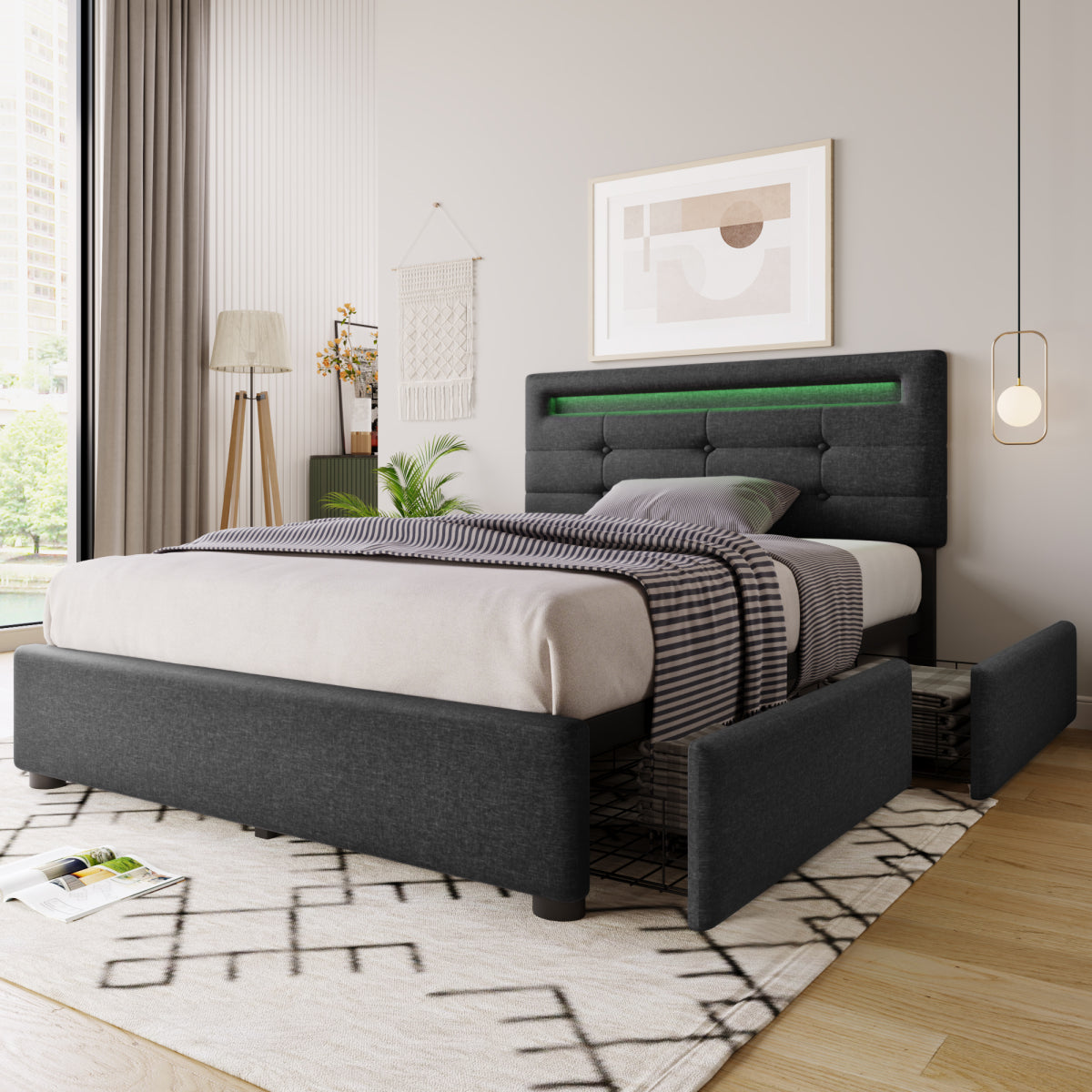 Polsterbett 90x200cm mit LED & 2 Schubladen - Einzelbett Grau, Verstellbares Kopfteil & Lattenrost - Modernes Bettgestell (Ohne Matratze)