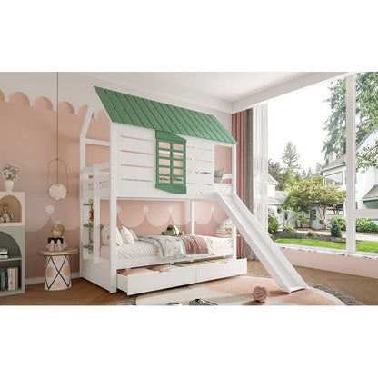 90X200 Haus-Etagenbett mit Rutsche und 2 Schubladen, Weiß+Grün