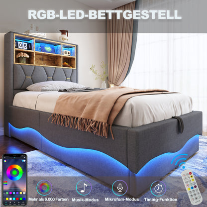Kinderbett 90x200cm mit hydraulischem Stauraum APP-gesteuertes LED-Lichtband USB-Ladeanschluss Metall-Lattenrost Leinenpolsterung Grau