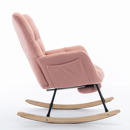 Neuer moderner Schaukelstuhl mit Polsterung und Teddystoff, mit ausziehbarer Fußstütze, Rosa