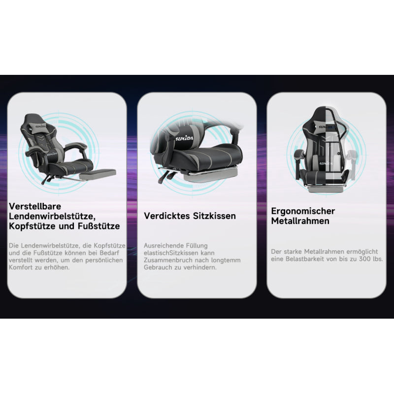 Gaming Stuhl Computerstuhl Ergonomischer Gaming Chair mit Fußstütze Bürostuhl Ergonomischer Computerstuhl mit Lendenwirbelstütze BlackGrey