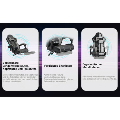 Gaming Stuhl Computerstuhl Ergonomischer Gaming Chair mit Fußstütze Bürostuhl Ergonomischer Computerstuhl mit Lendenwirbelstütze BlackGrey