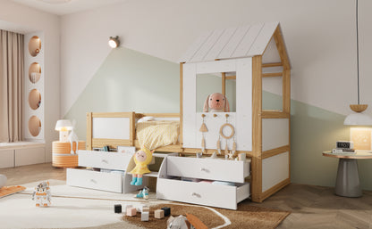 Kinderbett, halbhohes Bett, Hausbett mit Dach und Fenster, Vierseitiger Zaun, mit 4 Schubladen und kleine Treppe, Kiefer+MDF+Sperrholz, Weiß+Natur, 90x200cm