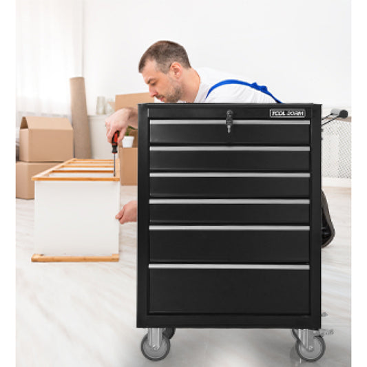 Werkzeugschrank, Werkzeugwagen, 615 mm Länge, mit 6 Schubladen und Rädern, Werkzeugkasten aus Metall mit Rollen, Schwarz