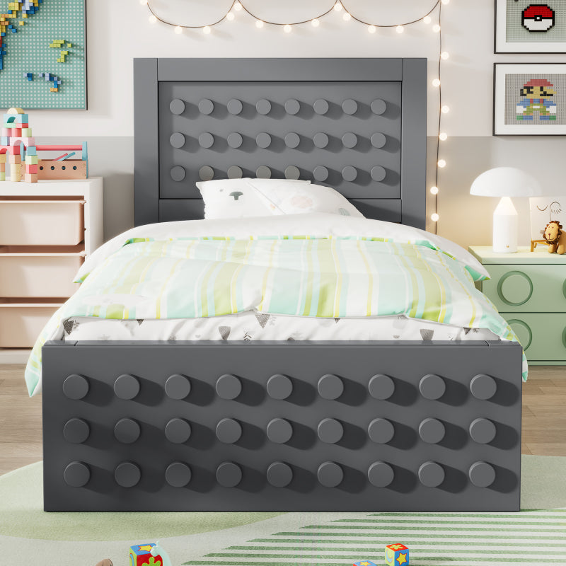 Holzbett Einzelbett 90x200 cm, Kinderbett Jugendbett mit Kreativem Block Design, Massivholz Bettgestell mit Lattenrost, mit Schubladen & Unterm Bett Stauraum, Grau, Ohne Matratze