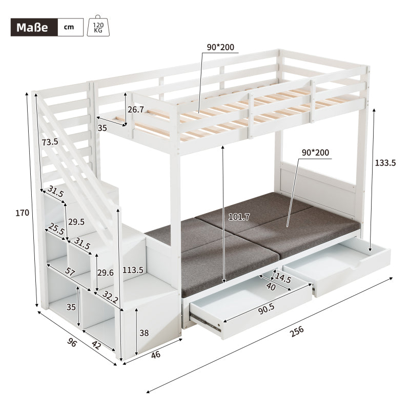 Kinder-Etagenbett, Doppelbett, multifunktionales Kinderbett,Mit Treppenschrank und 2 Schubladen, ohne Matratze, Die untere Ebene als Bett oder Sofa genutzt und enthält Kissen , weiß, 90*200