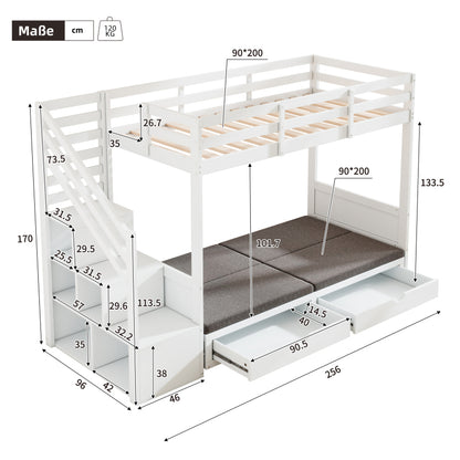 Kinder-Etagenbett, Doppelbett, multifunktionales Kinderbett,Mit Treppenschrank und 2 Schubladen, ohne Matratze, Die untere Ebene als Bett oder Sofa genutzt und enthält Kissen , weiß, 90*200