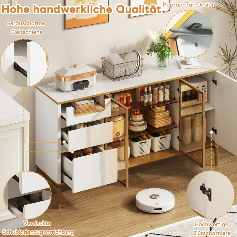 Elegantes Sideboard 150Lx40Bx80H cm, weiß, Arbeitsplatte aus Marmor, goldene Zierleiste - Moderner Stauraumschrank mit Glas- und Holzfächern
