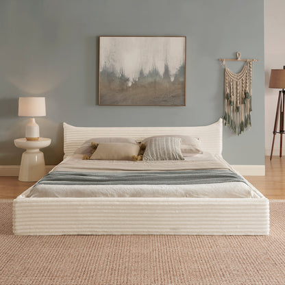 Doppelbett 140*200cm, mit Samtweichem Chenille-Bezug & Elegantem Kleinkantendesign am Kopfende, Beige (ohne Matratze)