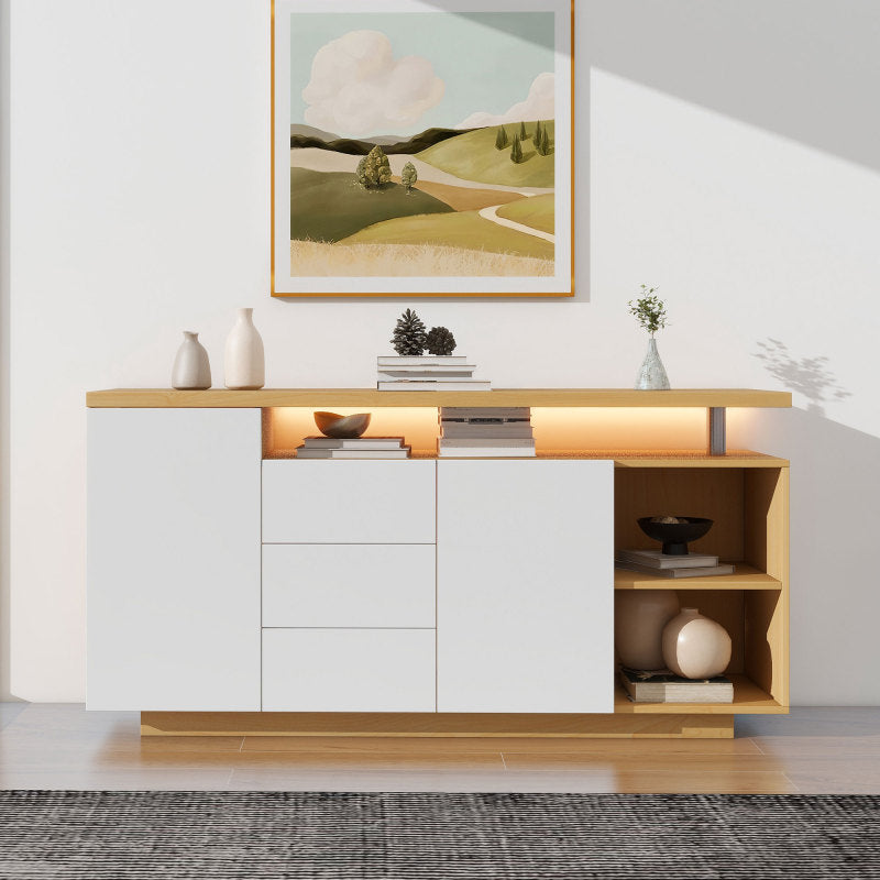 Multifunktionales Sideboard, Länge 140 cm, weiß und Holzimitat - 2 Türen, 3 Schubladen, 2 offene Fächer, mit LED-Beleuchtung