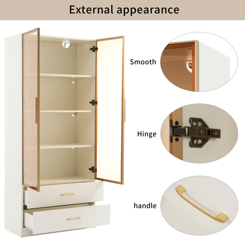Badezimmerschrank, mittel, mit Lichtleiste, 75 cm breit, mit 2 großen Schubladen und 2 Türen, Glastür