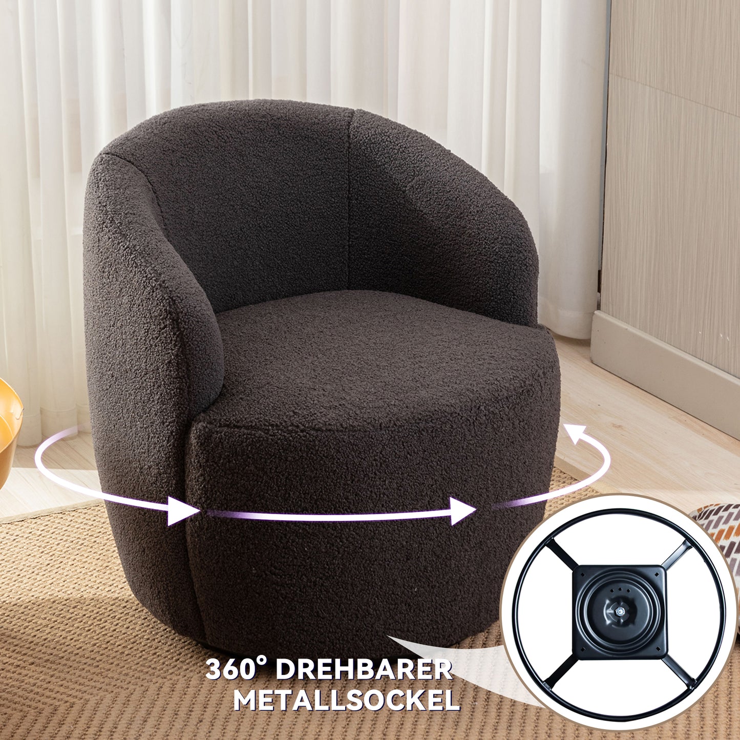 Drehbarer Akzentsessel aus weichem Teddystoff, Barrel Chair mit schwarzem Pulverbeschichtungs-Metallring, Dunkelgrau