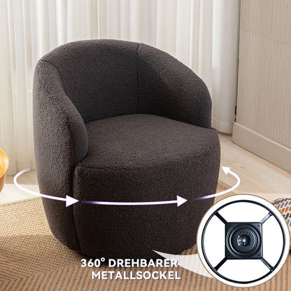 Drehbarer Akzentsessel aus weichem Teddystoff, Barrel Chair mit schwarzem Pulverbeschichtungs-Metallring, Dunkelgrau