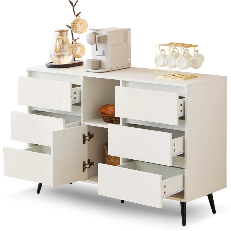 Modernes weißes Sideboard mit LED-Beleuchtung, 6 geräuschlosen Schubladen, Push-Open-Türen, Hochglanzlackierung, mattschwarzen Metallbeinen, 120x40x80 cm – ideal für Küchen, Ess- und Wohnbereiche
