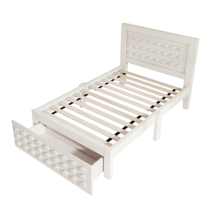 Holzbett Einzelbett 90x200 cm, Kinderbett Jugendbett mit Kreativem Block Design, Massivholz Bettgestell mit Lattenrost, mit Schubladen & Unterm Bett Stauraum, Weiß, Ohne Matratze