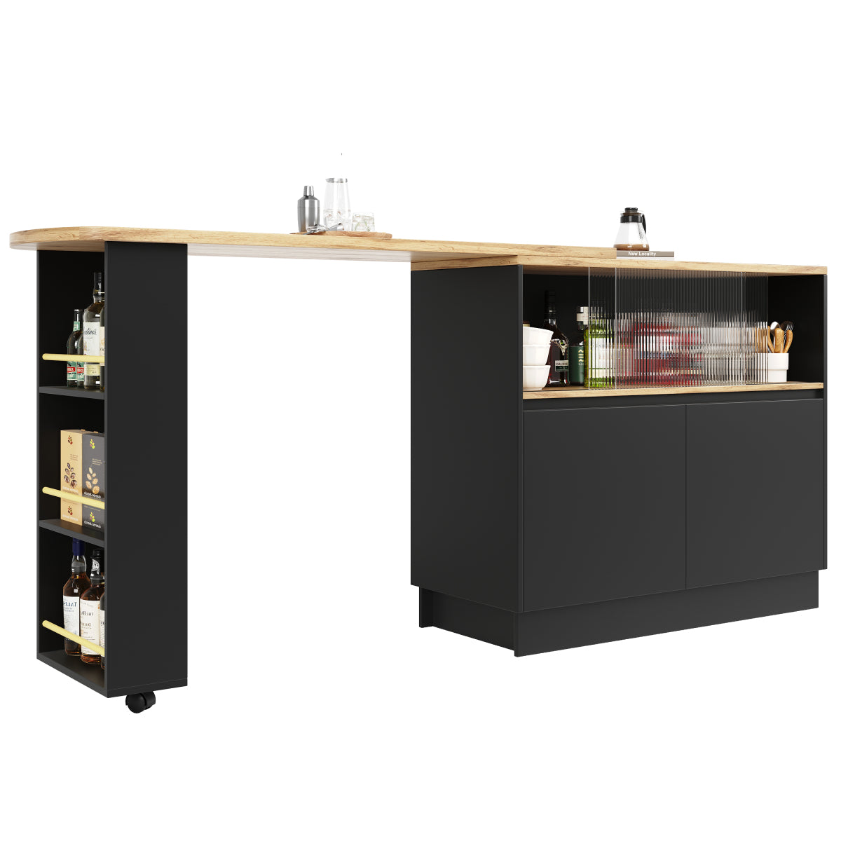 Kücheninsel mit 360° Rotation, Barschrank mit Glasschiebetür & Stauraum, Weiß & Holzoptik, multifunktionaler Küchentisch & Sideboard