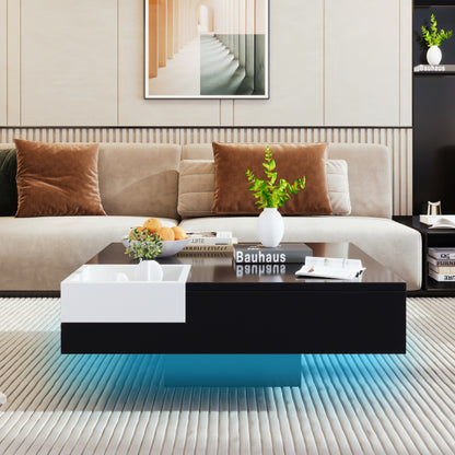 Couchtisch, Hochglanz-Wohnzimmertisch, Beistelltisch mit abnehmbarer Aufbewahrungsbox, Farbblockweiß und Schwarz, 72*72*30 cm, Mit LED-Lichteffekt.