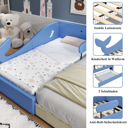 Kinder-Spleißbett, Polsterbett, Tagesbett, Walförmiges Design, Schlafsofa mit Metallbettgestell, 2 Schubladen auf Rollen, PU+MDF+Sperrholz, Blau, 90x200cm