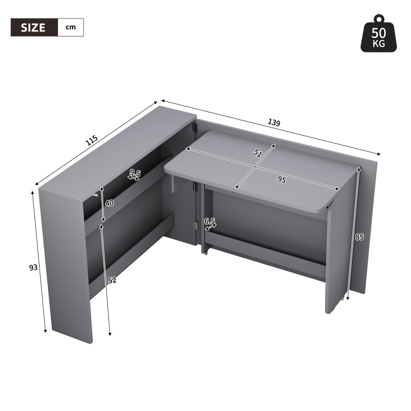 Faltbarer Schreibtisch mit Rollen & Wireless Charger–2-in-1 Sideboard & Arbeitsplatz, 115×27×93 cm (geschlossen, 95×51cm) Grey