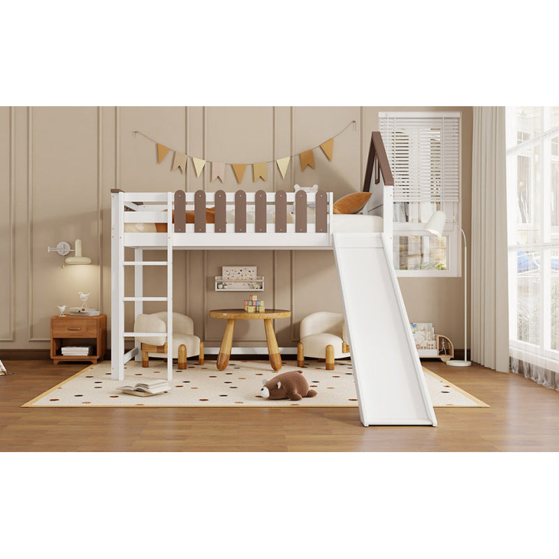 Hochbett, Mit Dach und Fenster, Mit dreistufiger gerader Leiter, Jugendbett, Kinderbett mit Rutsche,  Kiefer+MDF, Weiß+Walnuss, 90x200cm