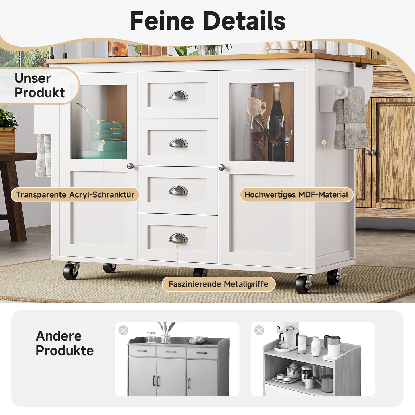 Kücheninsel,Küchenschrank,Buffetschrank,120x73(45)x93cm,ausziehbarer Küchenwagen mit Rollen, Handtuchhalter, Gewürzregal, verstellbaren Einlegeböden, zwei Türen, vier Schubladen, weiß