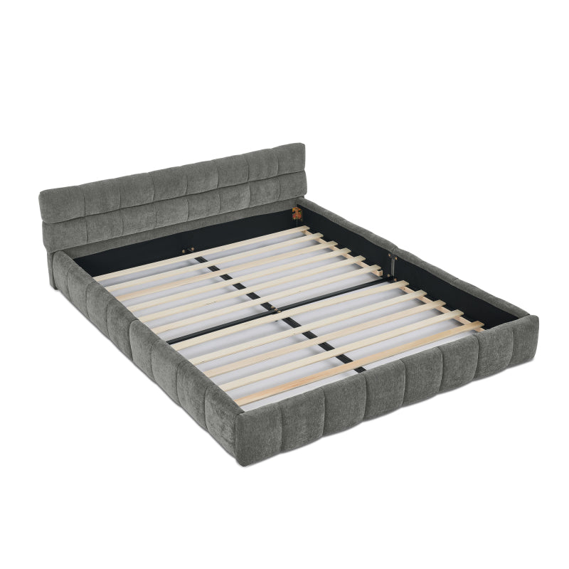 Doppelbett 160x200 cm mit Chenille Bezug Eukalyptusholz Eisenrahmen Dark Gray (ohne Matratze)