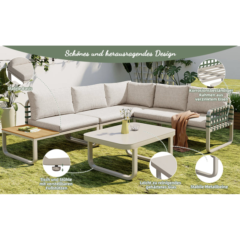 Garten Lounge Set (4-5 Sitzer), Grünes Leder Rattan Gartenmöbel Set, Modernes Outdoor Sofa Set inkl. aller Sitz- und Rückenkissen, Balkonset, Garten und Terrasse, Aprikose