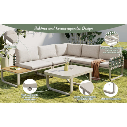 Garten Lounge Set (4-5 Sitzer), Grünes Leder Rattan Gartenmöbel Set, Modernes Outdoor Sofa Set inkl. aller Sitz- und Rückenkissen, Balkonset, Garten und Terrasse, Aprikose
