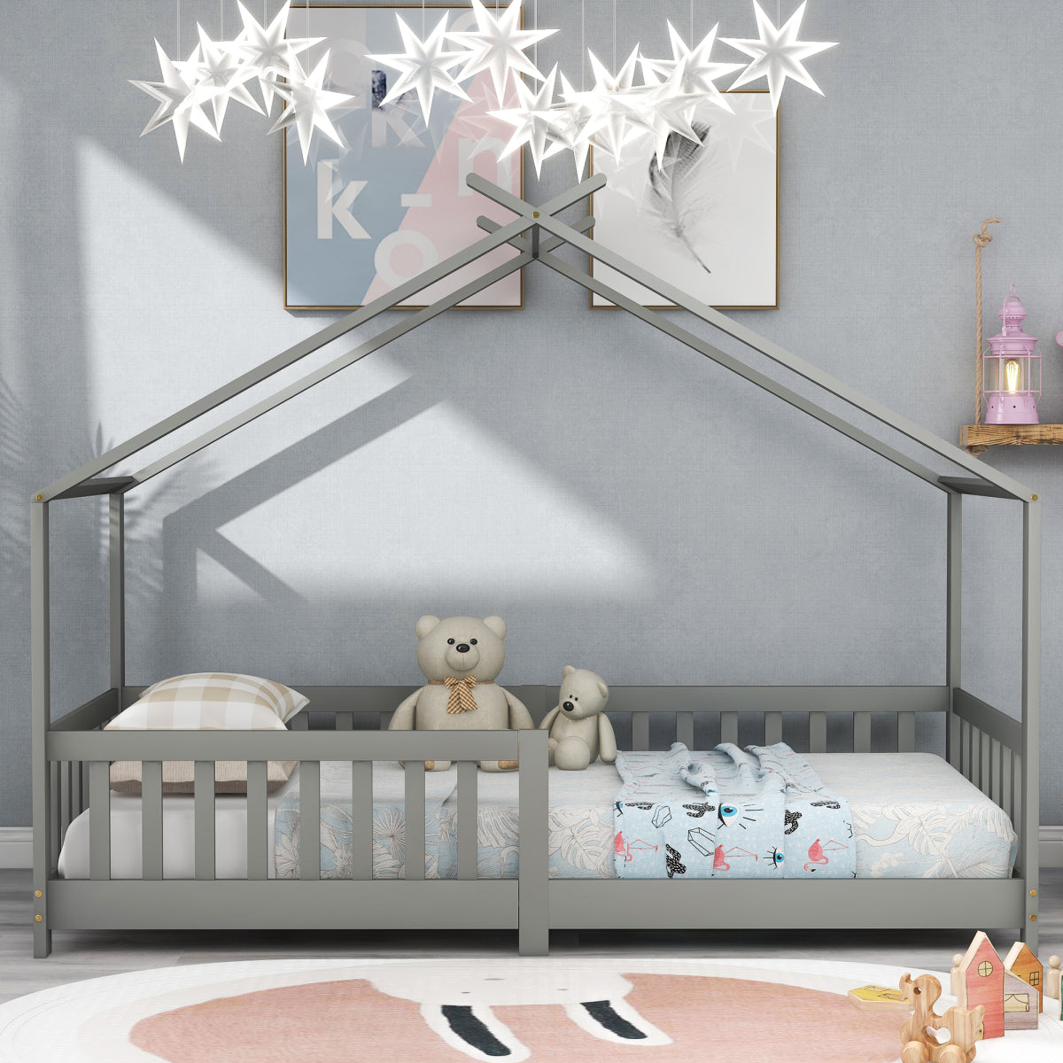 Hausbett 90x200 Grau, Kinderbett mit Rausfallschutz & Lattenrost, Abenteuerbett Kiefer Massivholz