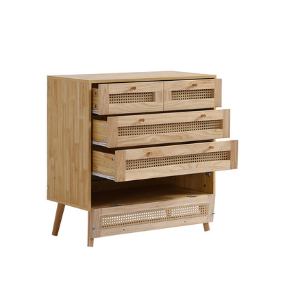Klassische Kommode, Schrank mit 3 Schubladen, mit Rattan-Schubladenplatte, mit unterem Flip-Top-Deckel, mit goldfarbenem Metallgriff und Holzbeine, Stauraum im Wohnzimmer und Schlafzimmer, Spanplatten