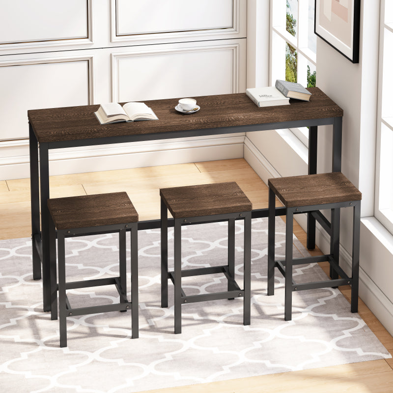 148CM Modern Design Kitchen Dining Table,Pub Table,Long Dining Table Set with 3 Stools;148CM Modernes Design Küche Esstisch,Kneipentisch,Langer Esstisch Set mit 3 Hockern,Einfache Montage,Dunkelbraun