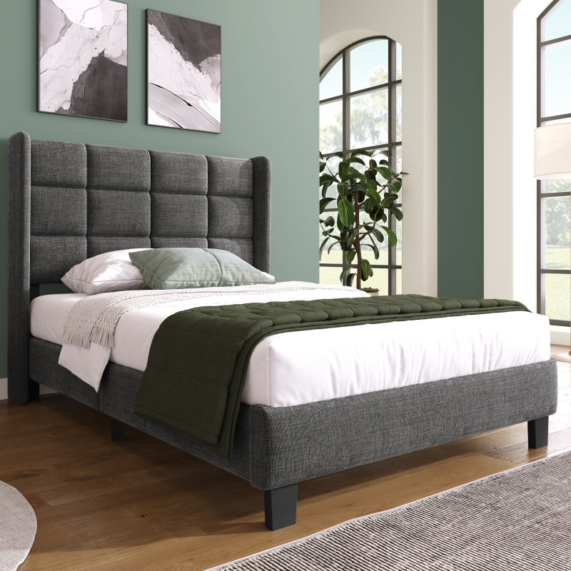 Modernes Design Polsterbett Mit seinem gepolstertes Kopfteil Einzelbett mit Lattenrost, 90x200cm ,in Grau Leinen, mittelfest (Ohne Matratze)