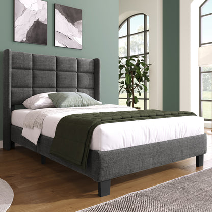 Modernes Design Polsterbett Mit seinem gepolstertes Kopfteil Einzelbett mit Lattenrost, 90x200cm ,in Grau Leinen, mittelfest (Ohne Matratze)