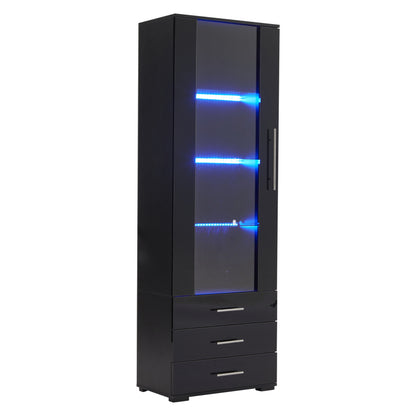 Schwarz Hochglanz Vitrine, Vitrine Glasvitrine , Standvitrine mit LED-Beleuchtung, Vertikale Vitrine mit 3 Schubladen, 60*35*180cm