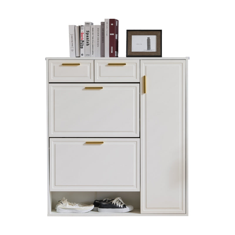 Moderne Schuhschrank, mit verstellbaren Regalen, goldenen Griffen, Schubladen, Klappschuhschrank und Türen,  weiß, B95/D24/H107.5