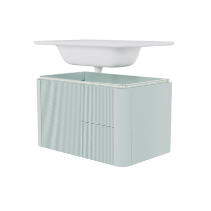 Badezimmerschrank Wandhängend 80cm Grün, 3D-Struktur & LED-Sensor, Waschtisch mit Keramikbecken, 4 leise Schubladen, Lackiert, Anti-Stoß