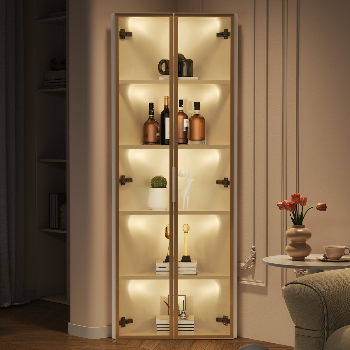 Eckvitrine 62x35x160cm Weiß mit LED – Staubgeschützte Glasvitrine aus Sicherheitsglas & MDF, moderner Eckschrank mit Soft-Close-Türen