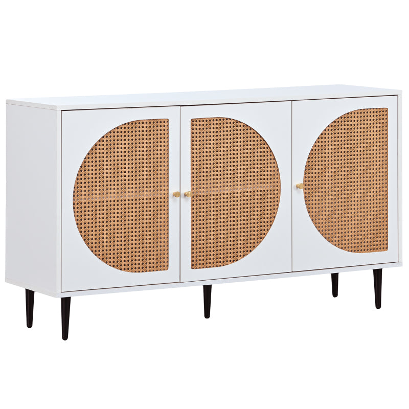 Sideboard mit 3 Rattan verzierten Türen Kommode Highboard mit Metallgriffe, für Schlafzimmer & Wohnräume & Büro, Weiß,129.8x 40x 76cm