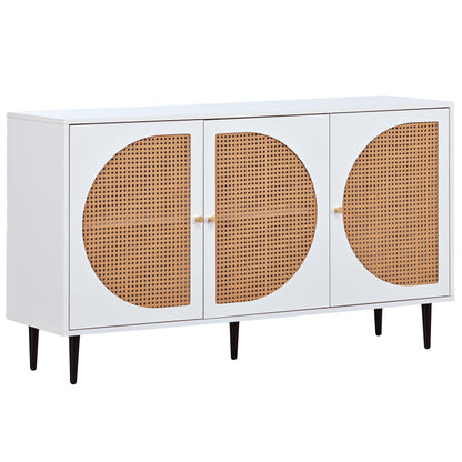Sideboard mit 3 Rattan verzierten Türen Kommode Highboard mit Metallgriffe, für Schlafzimmer & Wohnräume & Büro, Weiß,129.8x 40x 76cm