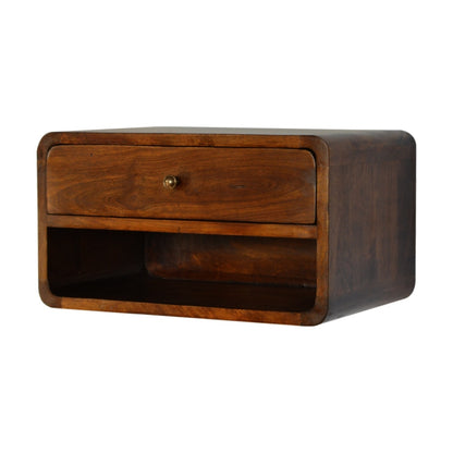 Schwebender Nachttisch aus massivem Mangoholz – Kastanienbraun, Curved Design, 1 Schublade & Fach, Handgefertigt, Fertig montiert, 45x32x25 cm