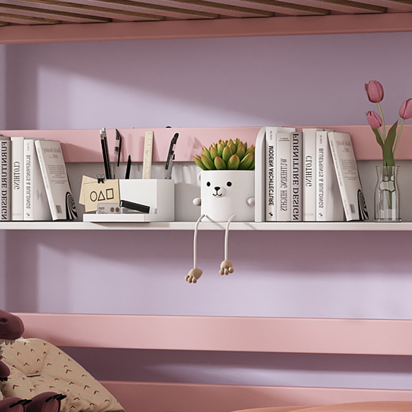 Etagenbett, Prinzessinnenbett, Kinderbett, Kinderbett mit Dach und Fenster, mit Fallschutzgitter, stabiles Geländer, Zwei Schubladen mit Rollen, Offenes Regal, Reichlich Stauraum, Kiefer+MDF,Weiß+Rose