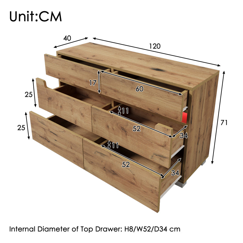 Kommode, Sideboard Holz mit 6 Schubladen, LED Beleuchtung (App Control), Mehrzweckschrank für Wohnzimmer und Schlafzimmer, 71 x 120 x 40 cm, Eiche
