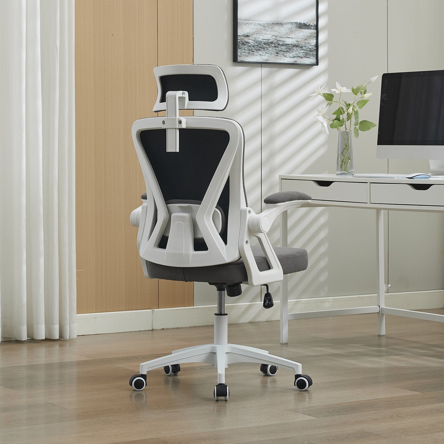 Ergonomischer Netz-Bürostuhl mit verstellbarer Lendenstütze und Kopfstütze – Hochlehner-Exekutive Schreibtischstuhl für Zuhause/Büro. Grau