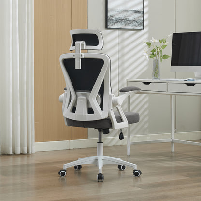 Ergonomischer Netz-Bürostuhl mit verstellbarer Lendenstütze und Kopfstütze – Hochlehner-Exekutive Schreibtischstuhl für Zuhause/Büro. Grau