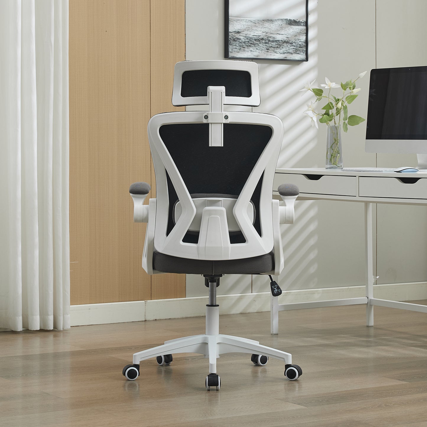 Ergonomischer Netz-Bürostuhl mit verstellbarer Lendenstütze und Kopfstütze – Hochlehner-Exekutive Schreibtischstuhl für Zuhause/Büro. Grau