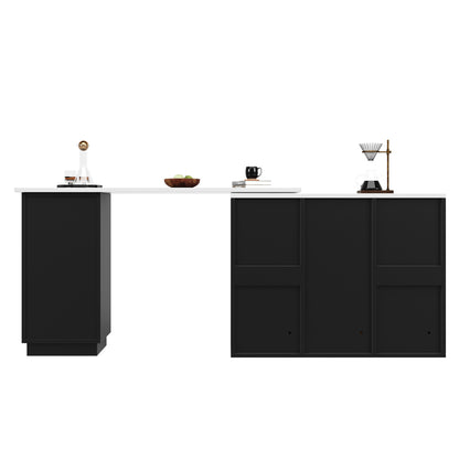 Um 360° drehbarer Bartisch (Hauptkörper 198,5 x 30 x 75 cm), modernes und schlichtes schwarzes Design, mit offenem Stauraum und Marmor-Arbeitsplatte, multifunktionale Aufbewahrungsinsel, geeignet für